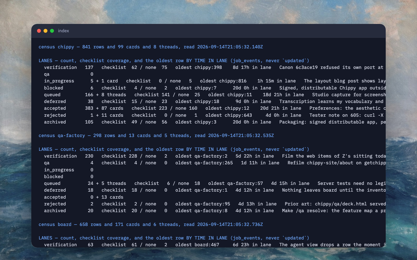 A terminal window over the sea painting, showing the index's census of each project in turn: every lane with its count, how many of its rows carry a checklist, and the oldest row in each.