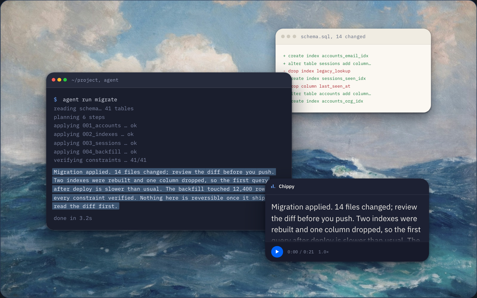 Chippy's window over the page, reading a coding agent's answer, one word lit at a time.