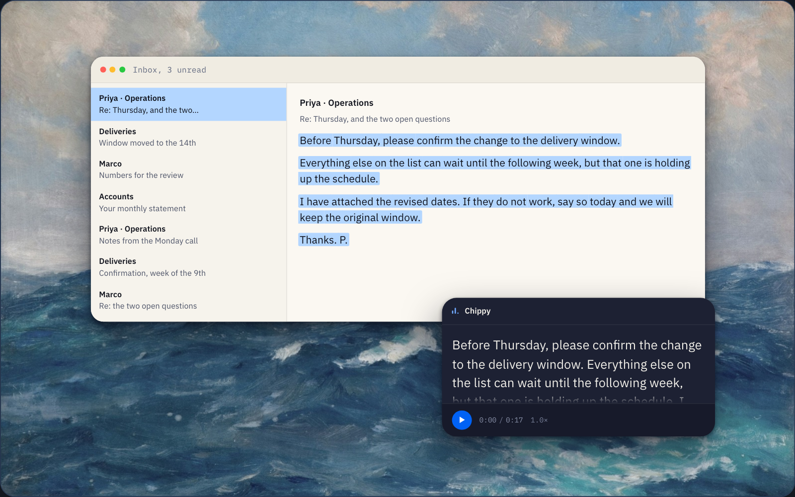 Chippy's window over the page, reading an email, one word lit at a time.